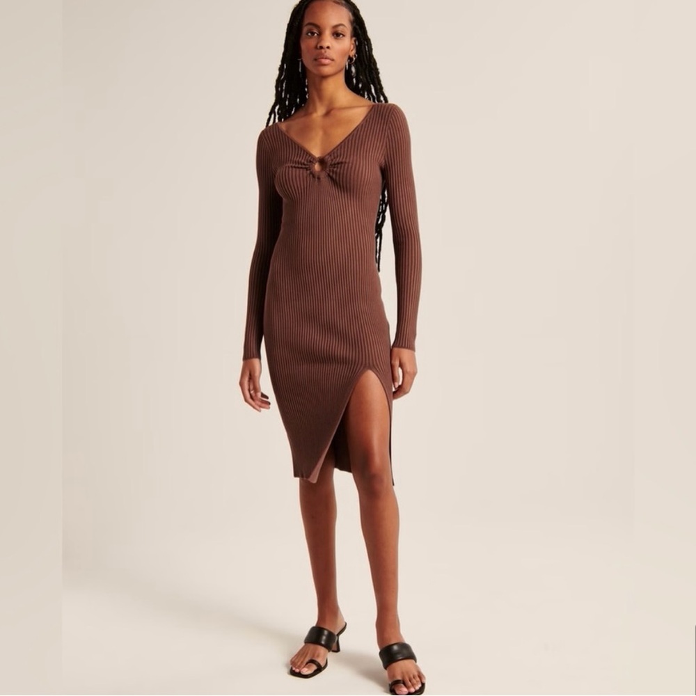 Abercrombie & Fitch Chocolate Brown Ribbed Midi Dress Small O Ring Slit - Picture 5 of 9
